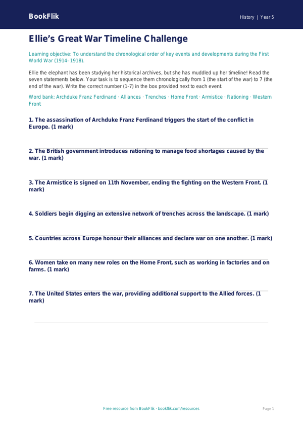 Free WW1 Activity Sheet | Year 5 History Resource | BookFlik worksheet preview — History Ww1