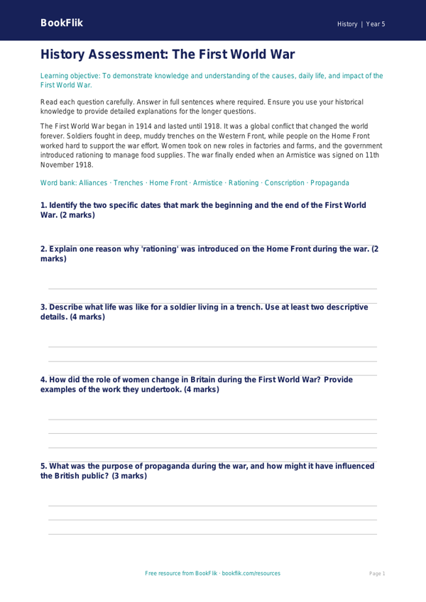 Free Ww1 Assessment | Year 5 Core | BookFlik worksheet preview — History Ww1