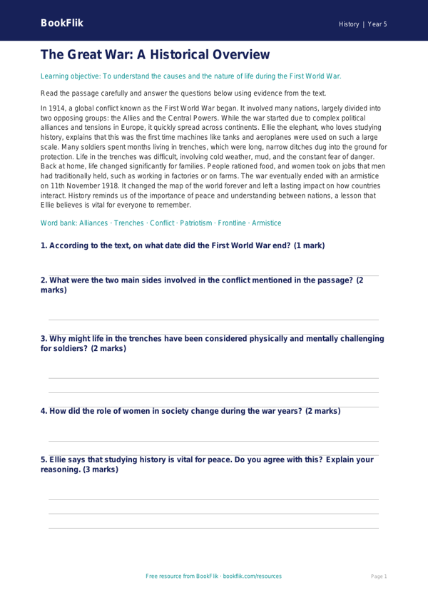 Free Ww1 Comprehension | Year 5 Core | BookFlik worksheet preview — History Ww1