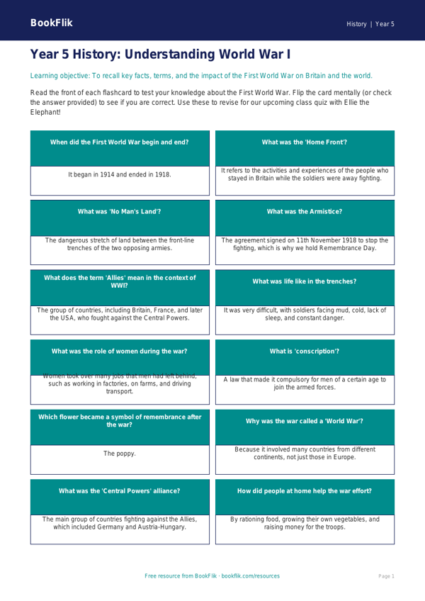 Free Ww1 Flashcards | Year 5 Core | BookFlik worksheet preview — History Ww1