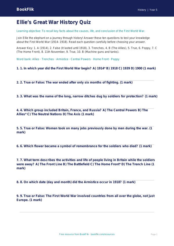 Free Ww1 Quiz | Year 5 Core | BookFlik worksheet preview — History Ww1