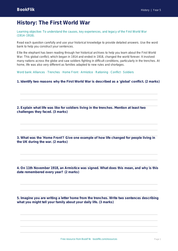 Free Ww1 Worksheet | Year 5 Core | BookFlik worksheet preview — History Ww1