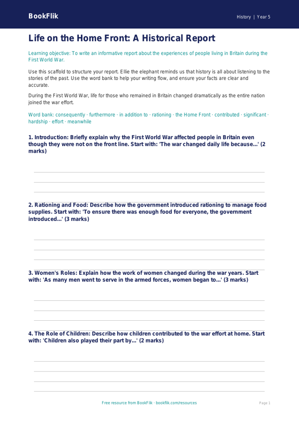 Free Ww1 Writing Frame | Year 5 Core | BookFlik worksheet preview — History Ww1
