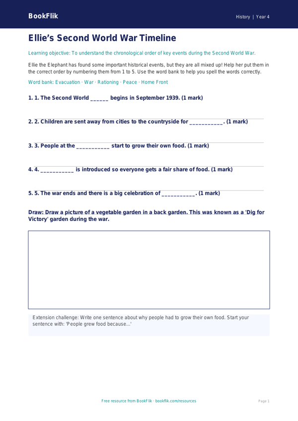 Free WW2 Activity Sheet | Year 4 Supported | BookFlik worksheet preview — History Ww2