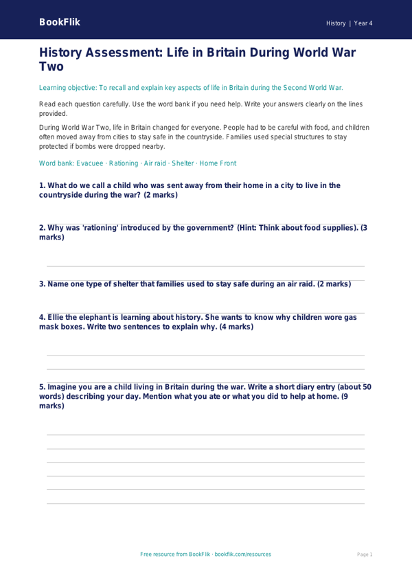 Free WW2 Assessment | Year 4 Supported | BookFlik worksheet preview — History Ww2