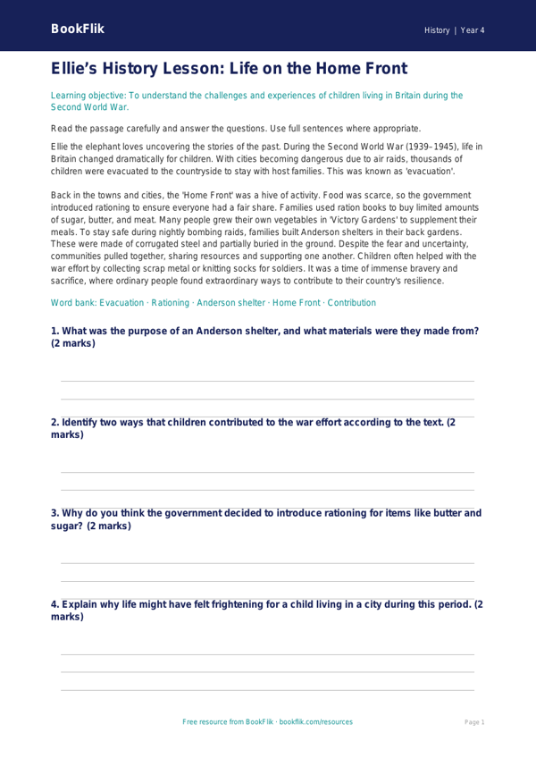 Free WW2 Comprehension Worksheet | Year 4 Greater Depth | BookFlik worksheet preview — History Ww2