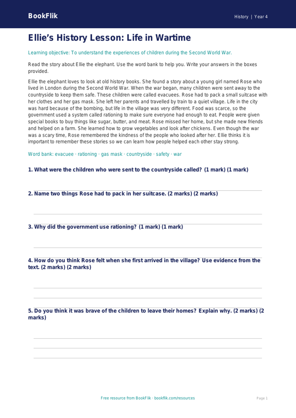 Free WW2 Comprehension Worksheet | Year 4 Supported | BookFlik worksheet preview — History Ww2
