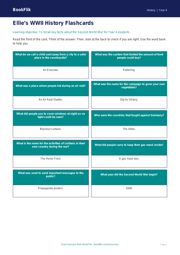 Free WW2 Flashcards | Year 4 Supported | BookFlik worksheet preview — History Ww2