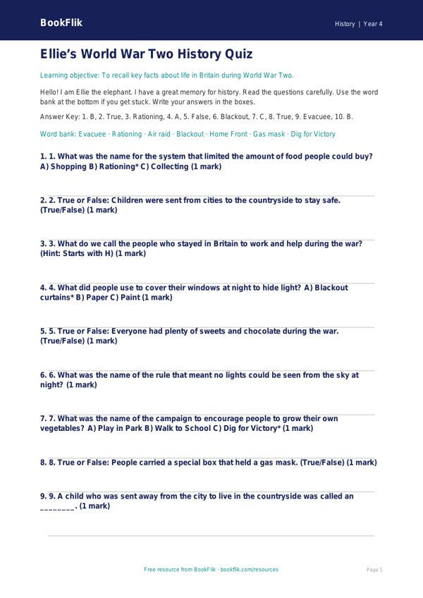 Free WW2 Quiz for Year 4 | History Worksheet | BookFlik worksheet preview — History Ww2