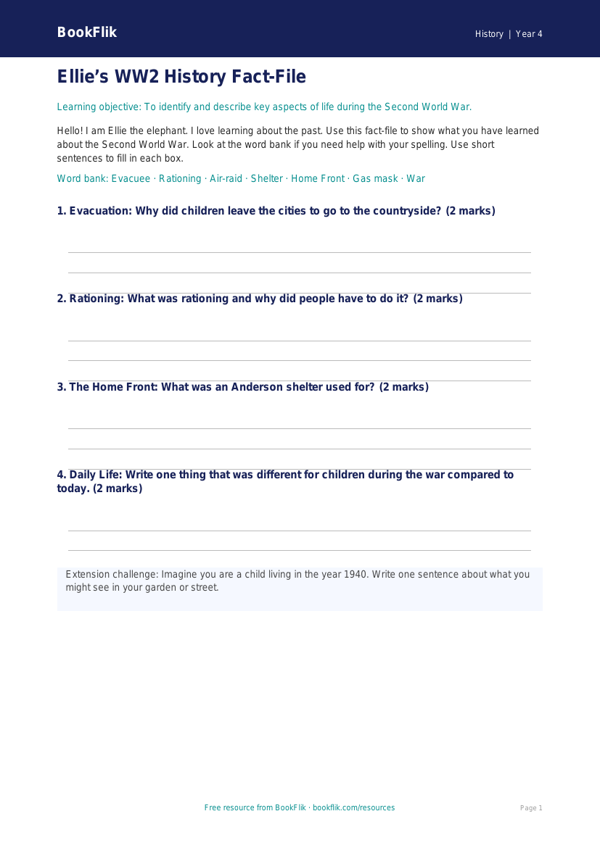 Free WW2 Template | Year 4 Supported | BookFlik worksheet preview — History Ww2