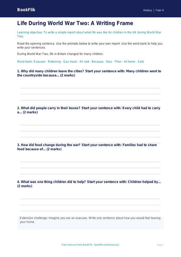 Free WW2 Writing Frame | Year 4 Supported | BookFlik worksheet preview — History Ww2