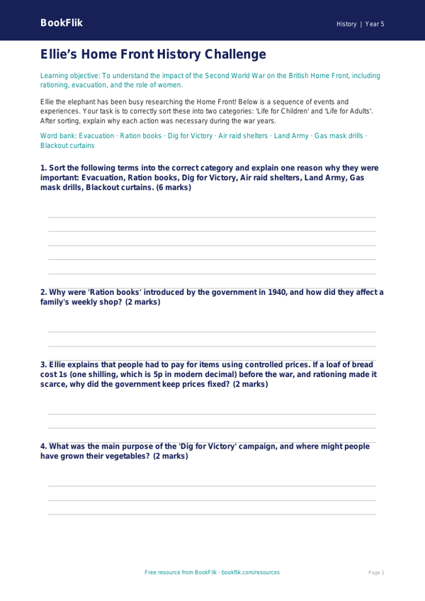 Free WW2 Activity Sheet | Year 5 History | BookFlik worksheet preview — History Ww2