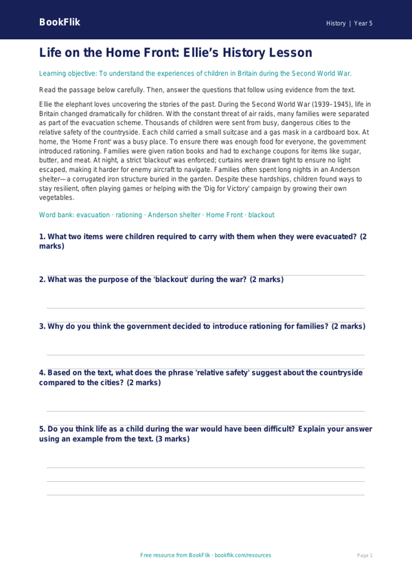 Free WW2 Comprehension Worksheet | Year 5 History | BookFlik worksheet preview — History Ww2