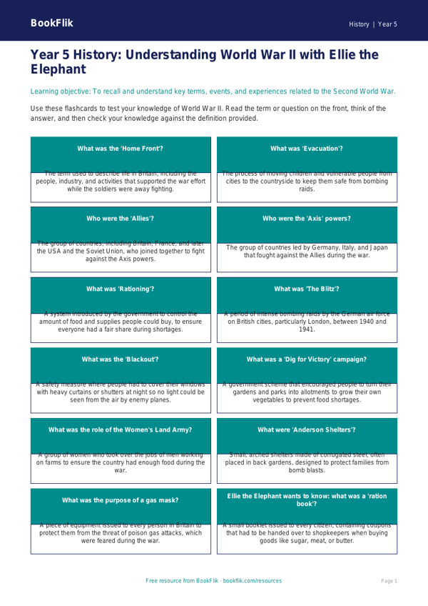 Free WW2 Flashcards | Year 5 History Resource | BookFlik worksheet preview — History Ww2