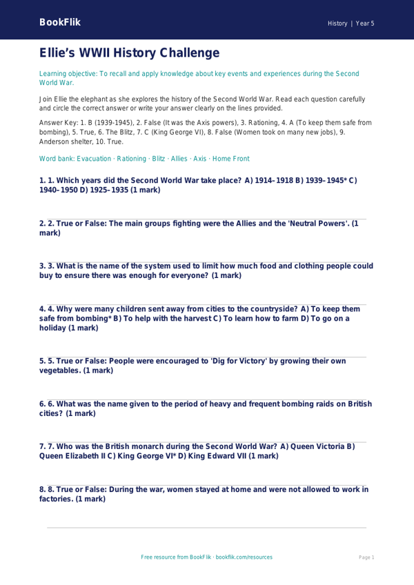 Free WW2 Quiz | Year 5 History Worksheet | BookFlik worksheet preview — History Ww2