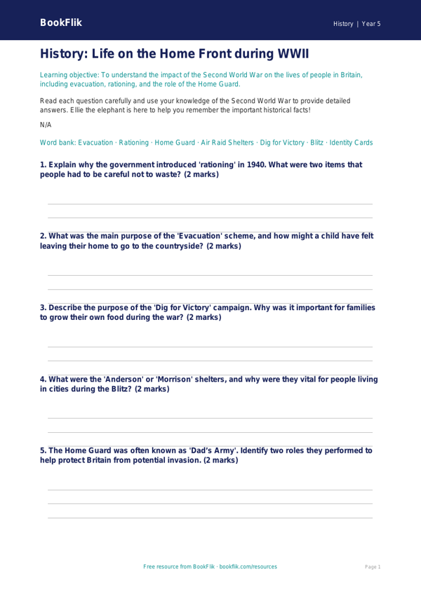 Free WW2 Worksheet | Year 5 History Resources | BookFlik worksheet preview — History Ww2