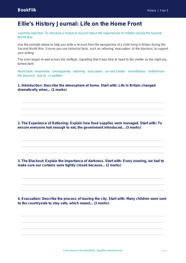 Free WW2 Writing Frame | Year 5 History Resource | BookFlik worksheet preview — History Ww2