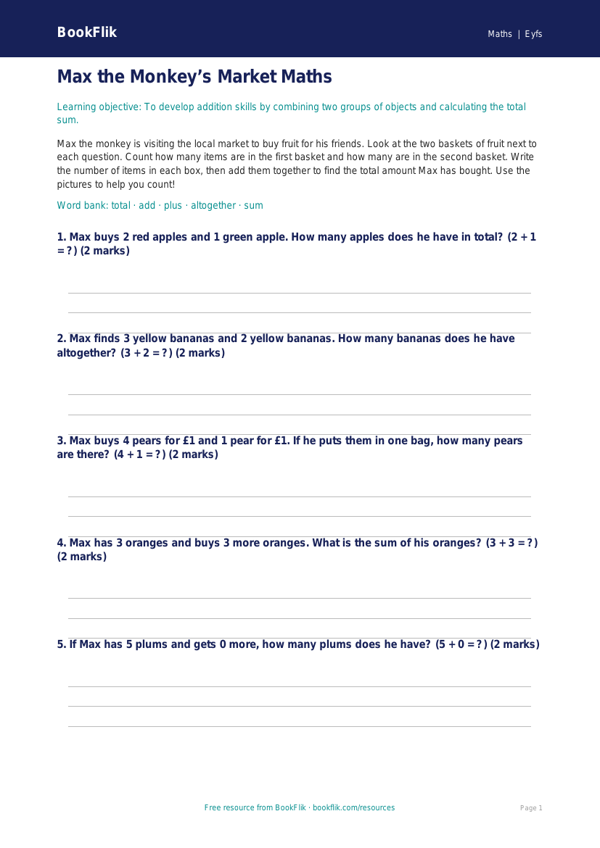 Free Addition Activity Sheet | EYFS Core | BookFlik worksheet preview — Maths Addition