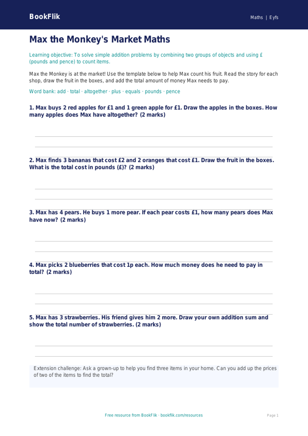 Free Addition Worksheet for EYFS | Printable Math Template | BookFlik worksheet preview — Maths Addition