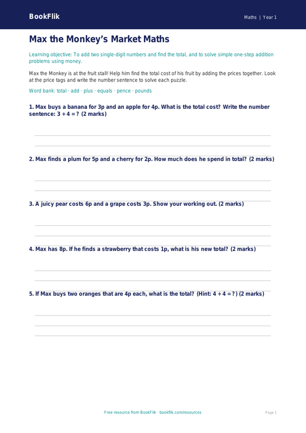 Free Addition Activity Sheet | Year 1 Core | BookFlik worksheet preview — Maths Addition