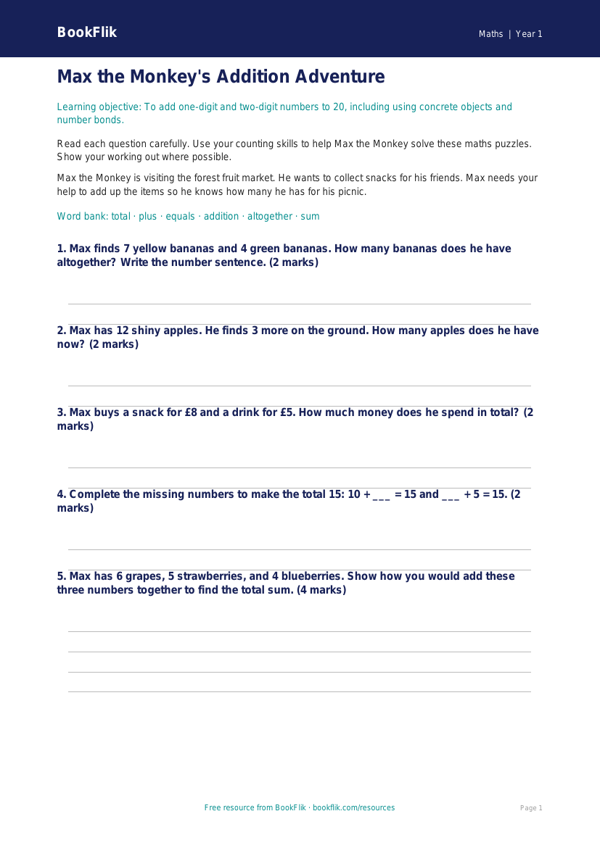 Free Addition Assessment | Year 1 Core | BookFlik worksheet preview — Maths Addition