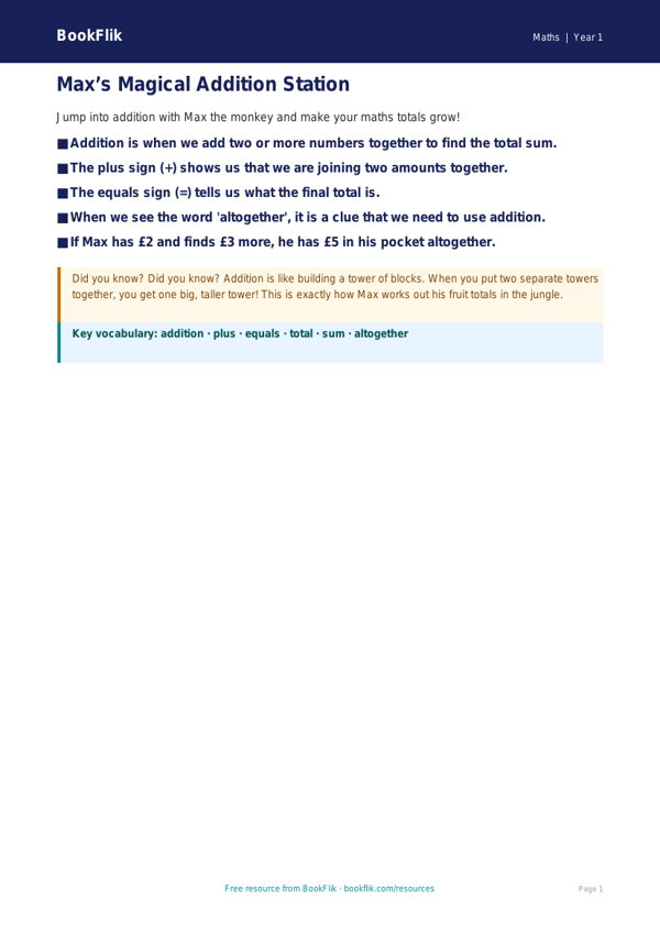 Free Addition Poster | Year 1 Core | BookFlik worksheet preview — Maths Addition