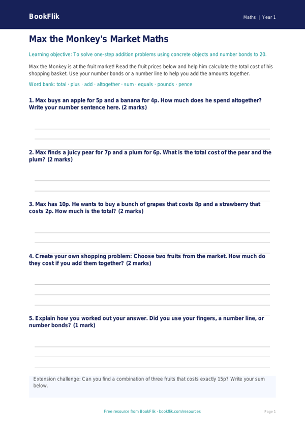 Free Addition Template | Year 1 Core | BookFlik worksheet preview — Maths Addition
