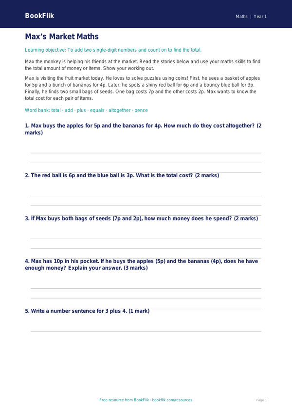 Free Addition Track Sheet | Year 1 Core | BookFlik worksheet preview — Maths Addition