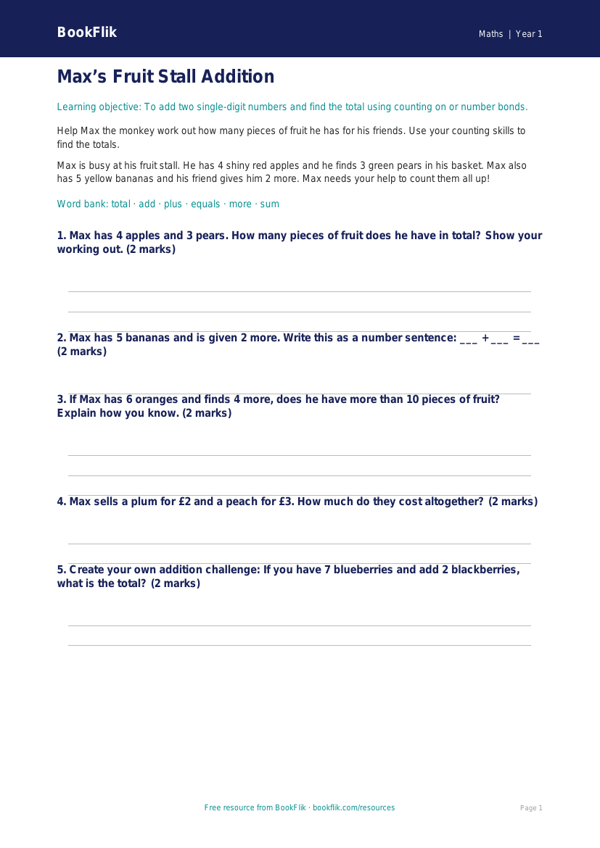 Free Addition Worksheet | Year 1 Core | BookFlik worksheet preview — Maths Addition