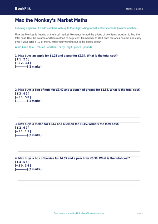 Free Addition Activity Sheet | Year 4 Supported | BookFlik worksheet preview — Maths Addition
