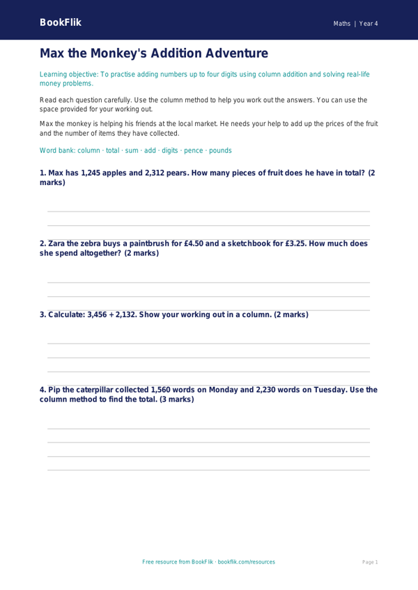 Free Addition Assessment | Year 4 Supported | BookFlik worksheet preview — Maths Addition