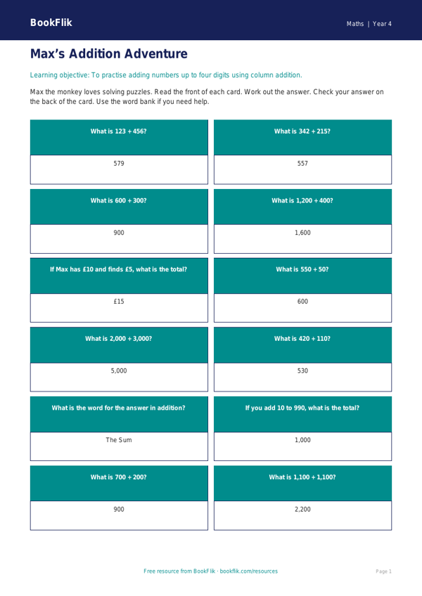Free Addition Flashcards | Year 4 Supported | BookFlik worksheet preview — Maths Addition
