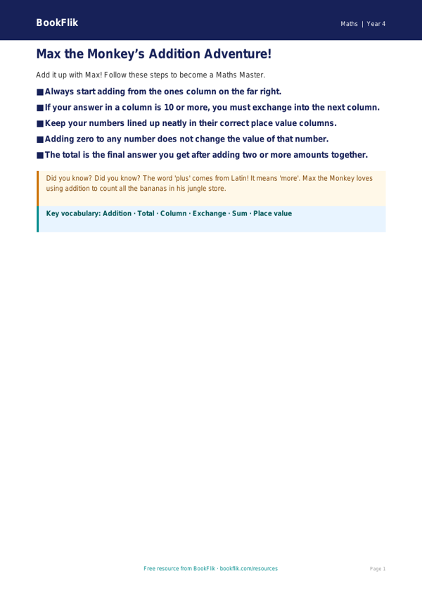 Free Addition Poster | Year 4 Supported | BookFlik worksheet preview — Maths Addition