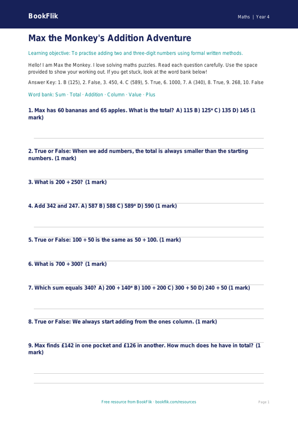 Free Addition Quiz | Year 4 Supported | BookFlik worksheet preview — Maths Addition