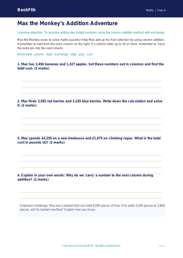 Free Addition Worksheet for Year 4 | Printable Math Practice | BookFlik worksheet preview — Maths Addition