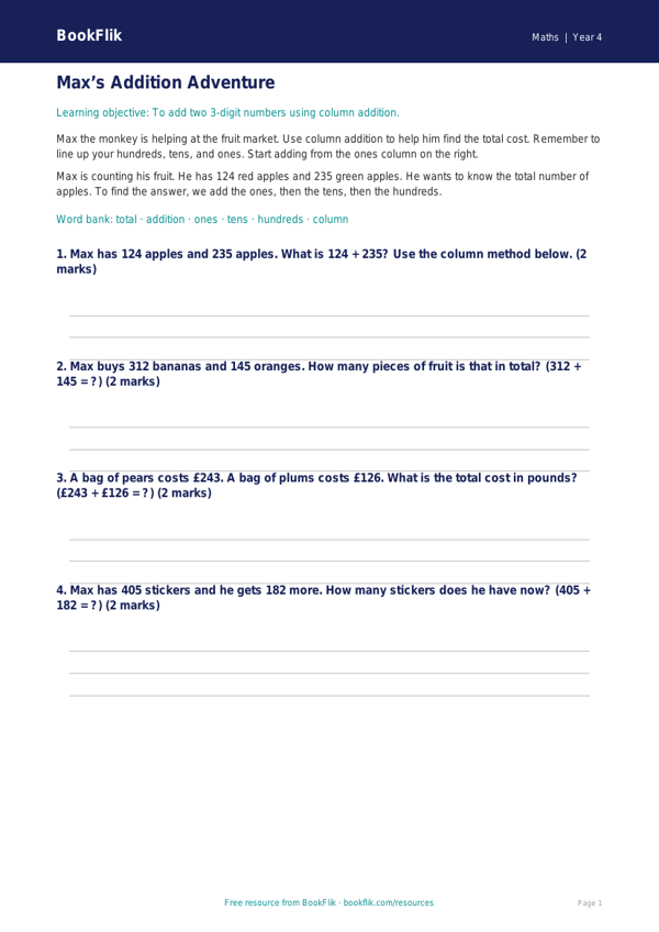 Free Addition Track Sheet | Year 4 Supported | BookFlik worksheet preview — Maths Addition