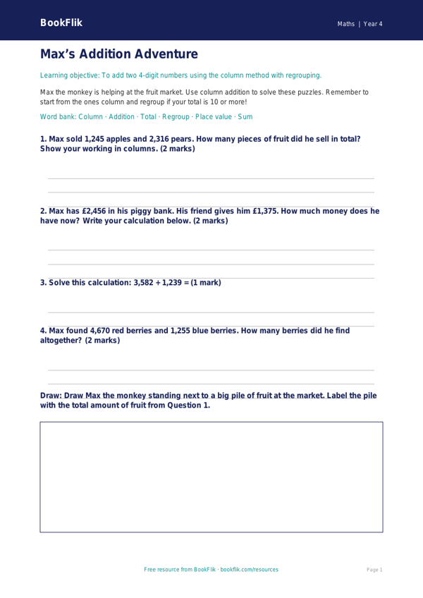 Free Addition Worksheet | Year 4 Supported | BookFlik worksheet preview — Maths Addition