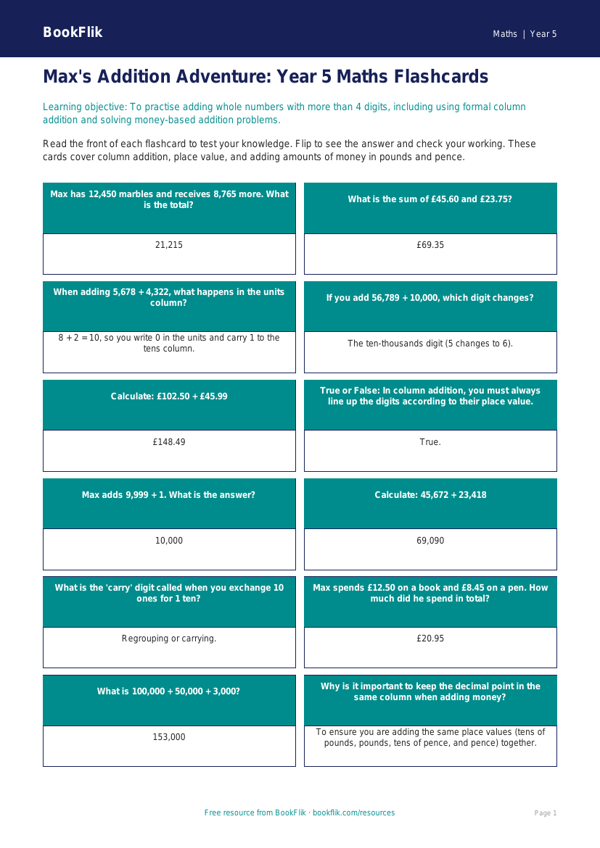 Free Addition Flashcards | Year 5 Core | BookFlik worksheet preview — Maths Addition