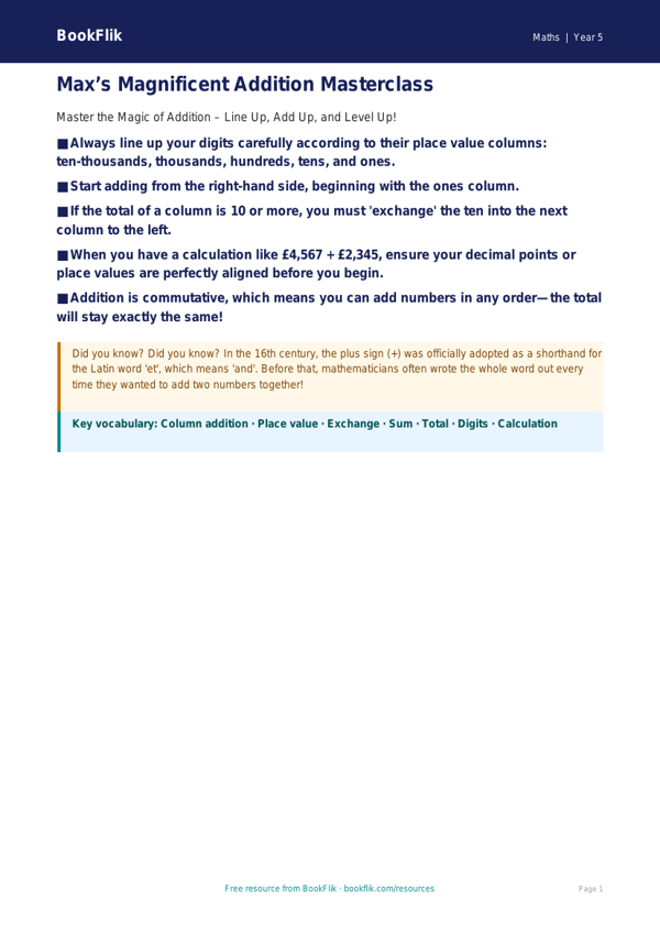 Free Addition Poster | Year 5 Core | BookFlik worksheet preview — Maths Addition