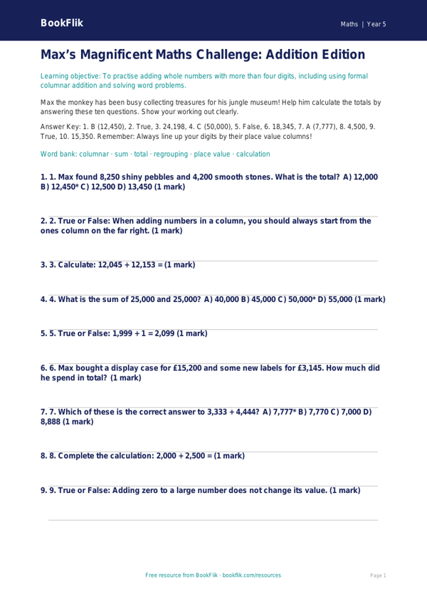 Free Addition Quiz | Year 5 Core | BookFlik worksheet preview — Maths Addition