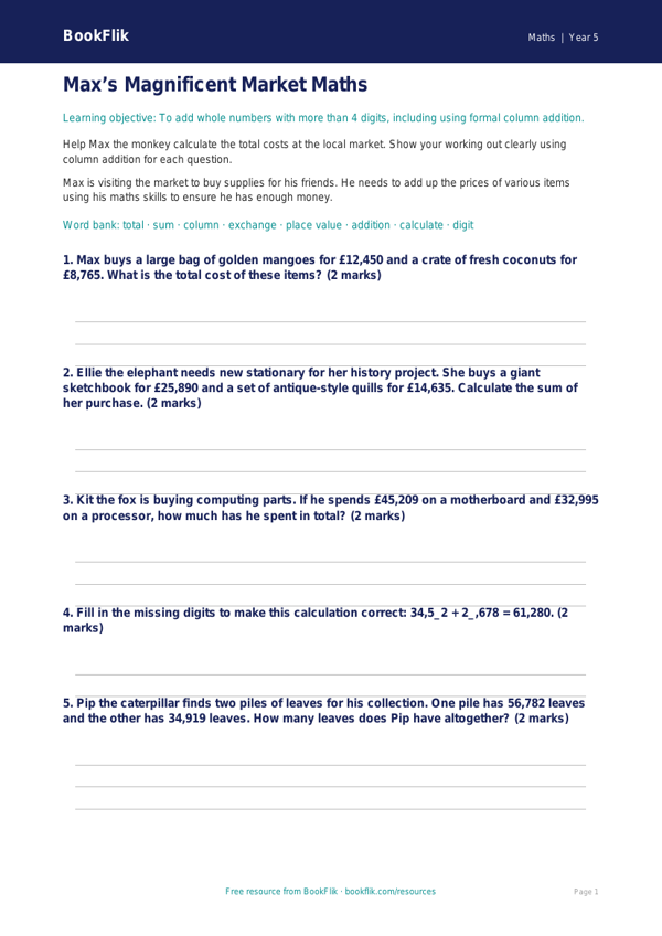 Free Addition Worksheet | Year 5 Core | BookFlik worksheet preview — Maths Addition