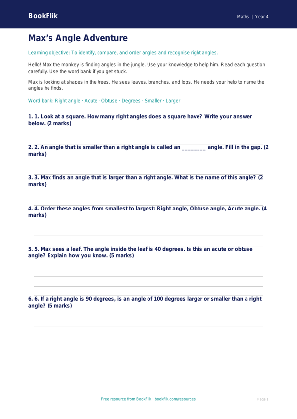 Free Angles Assessment | Year 4 Supported | BookFlik worksheet preview — Maths Angles
