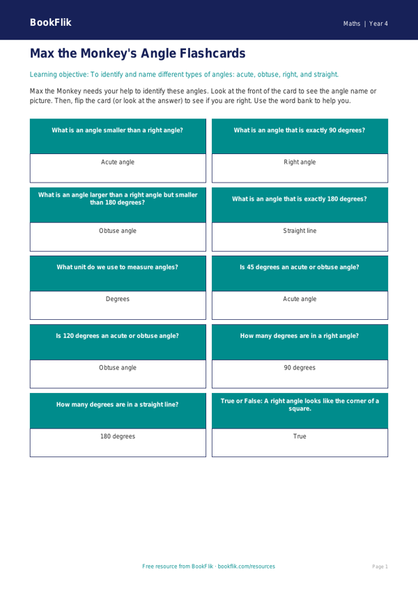 Free Angles Flashcards | Year 4 Supported | BookFlik worksheet preview — Maths Angles