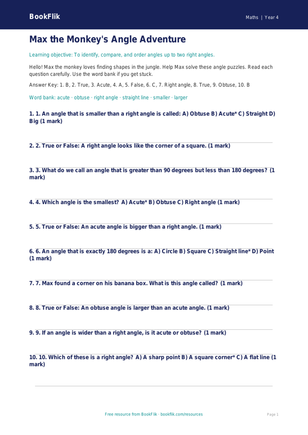 Free Angles Quiz | Year 4 Supported | BookFlik worksheet preview — Maths Angles