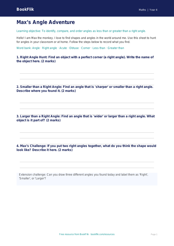 Free Angles Template | Year 4 Supported | BookFlik worksheet preview — Maths Angles