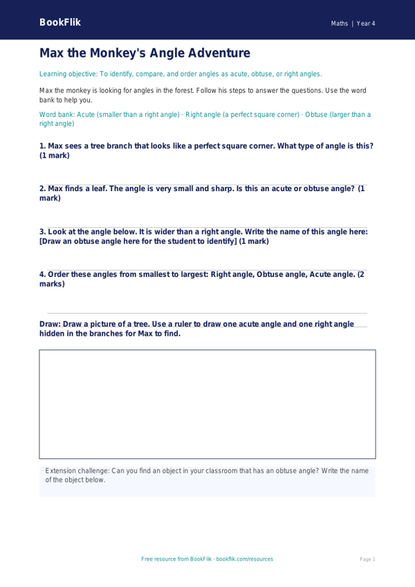 Free Angles Worksheet | Year 4 Supported | BookFlik worksheet preview — Maths Angles