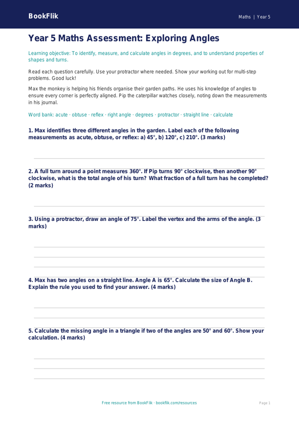 Free Angles Assessment | Year 5 Core | BookFlik worksheet preview — Maths Angles