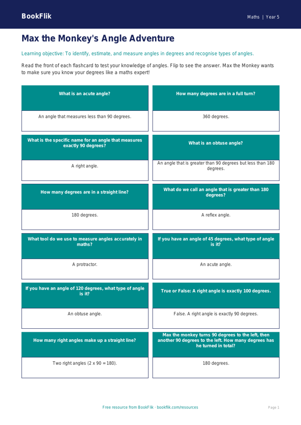 Free Angles Flashcards | Year 5 Core | BookFlik worksheet preview — Maths Angles