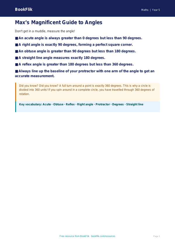 Free Angles Poster | Year 5 Core | BookFlik worksheet preview — Maths Angles