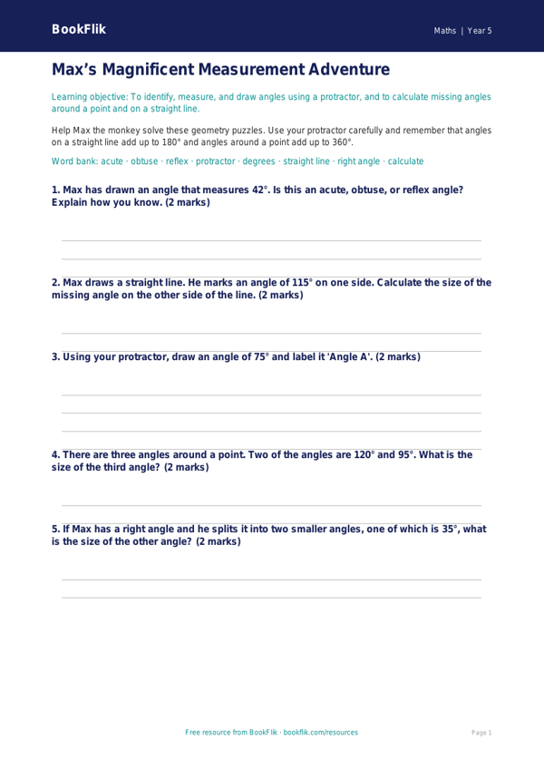Free Angles Worksheet | Year 5 Core | BookFlik worksheet preview — Maths Angles